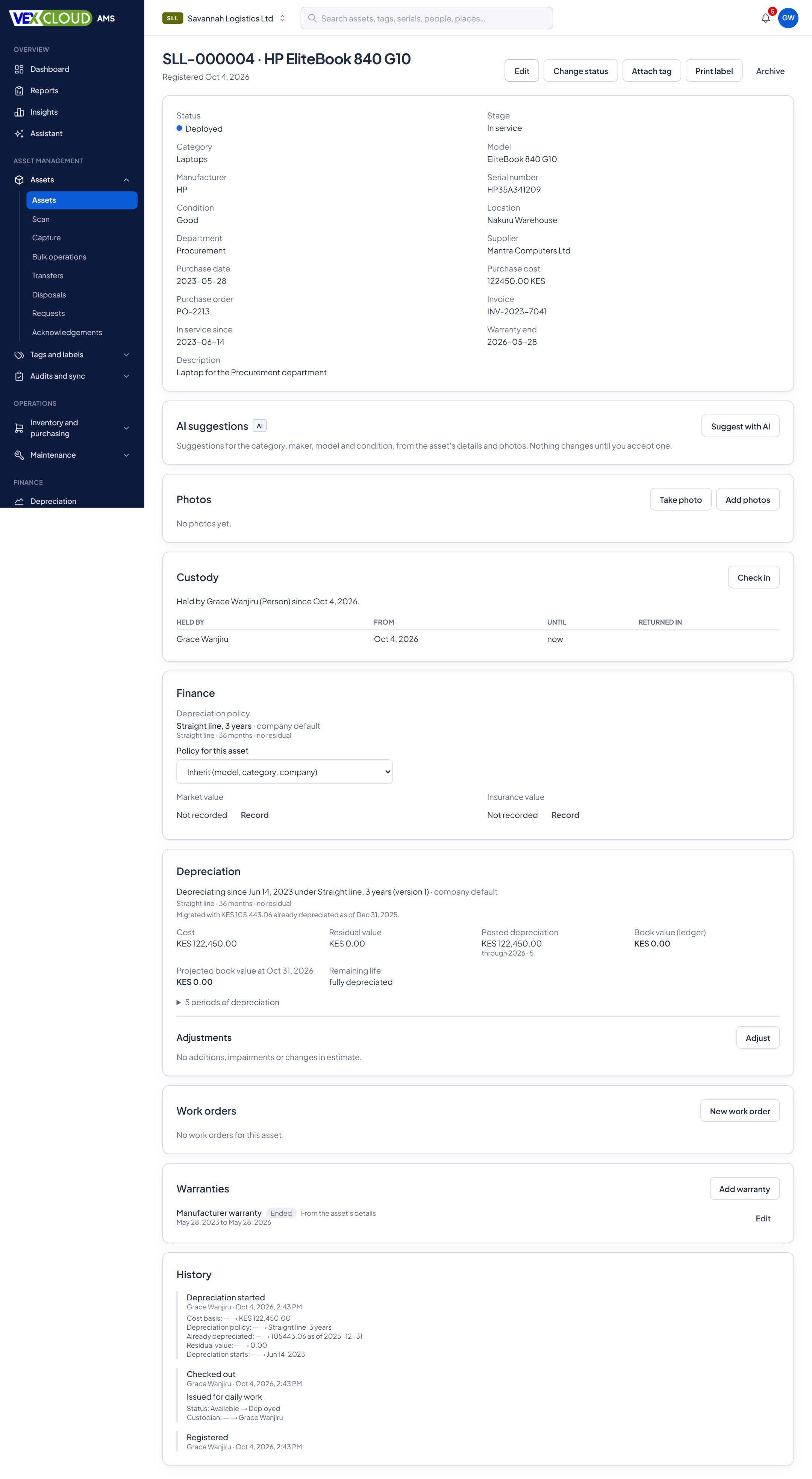 An asset page in VexCloud AMS showing the asset record, its location, custodian and history