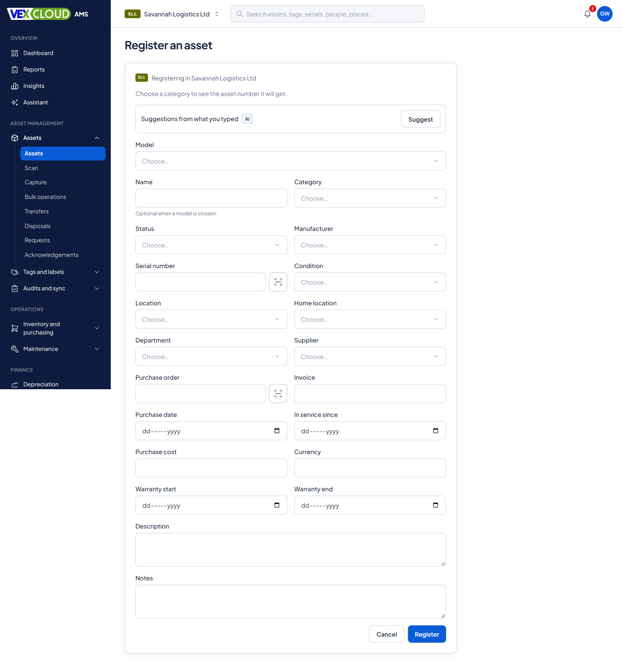 The Register an asset form in VexCloud AMS, with model, category, status, serial number, location, supplier, purchase and warranty fields