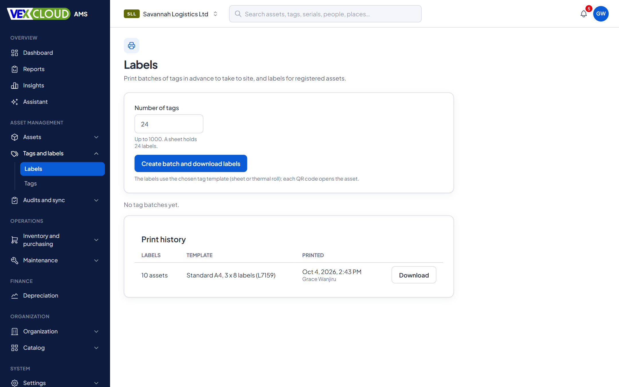 The Labels page in VexCloud AMS, where batches of tags are created and printed