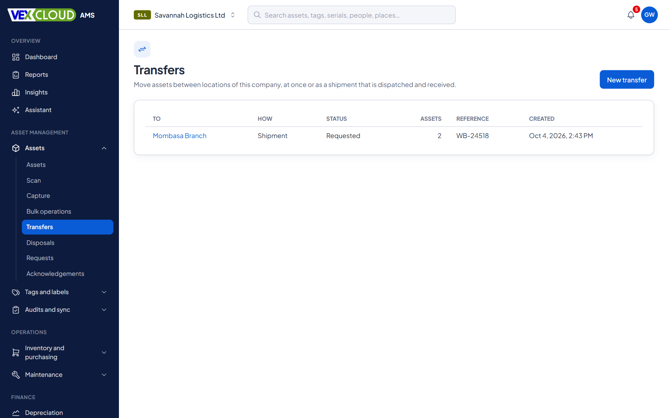 The Transfers page in VexCloud AMS: moving assets between locations