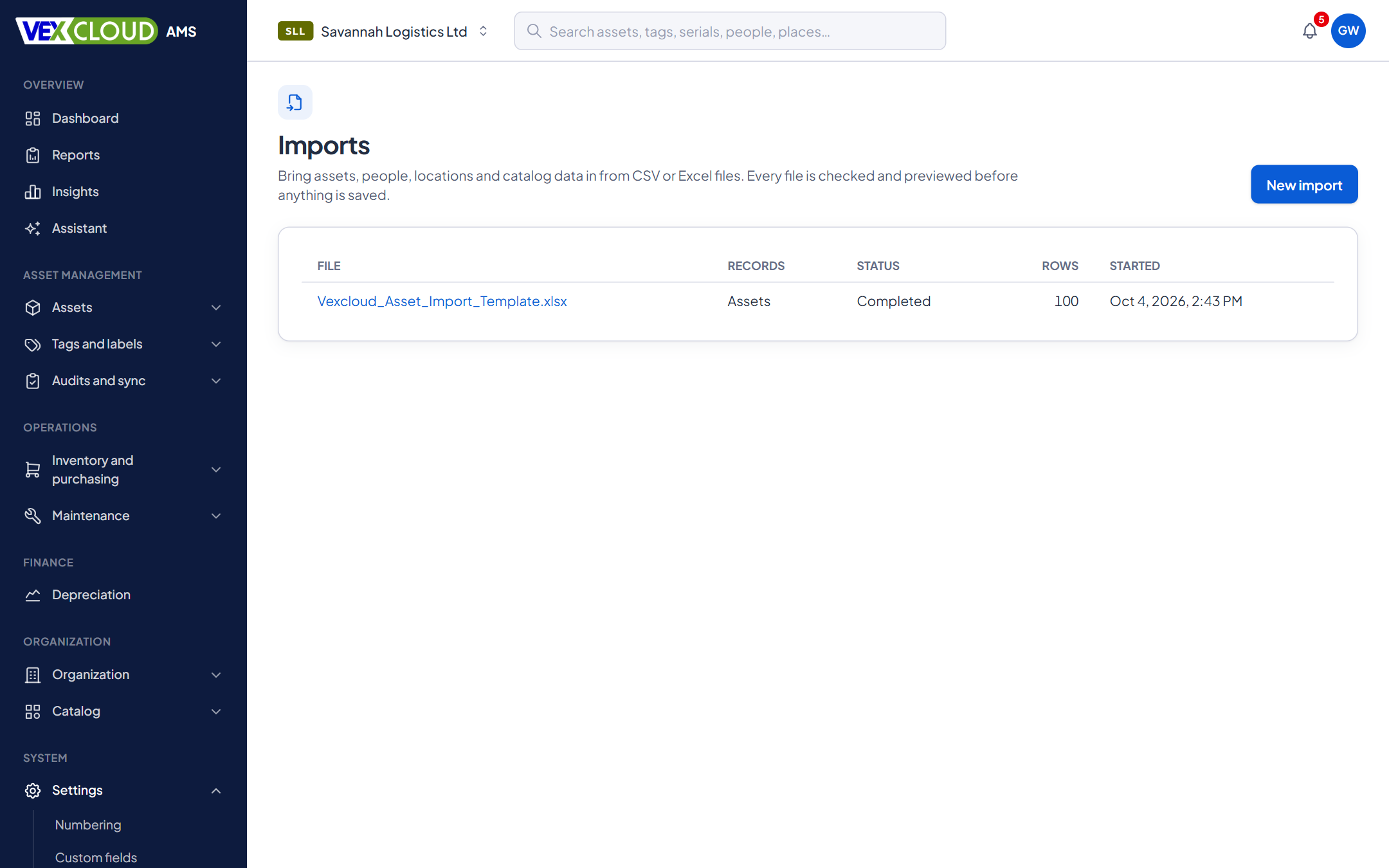 The Imports page in VexCloud AMS, where a spreadsheet is uploaded and an import is started