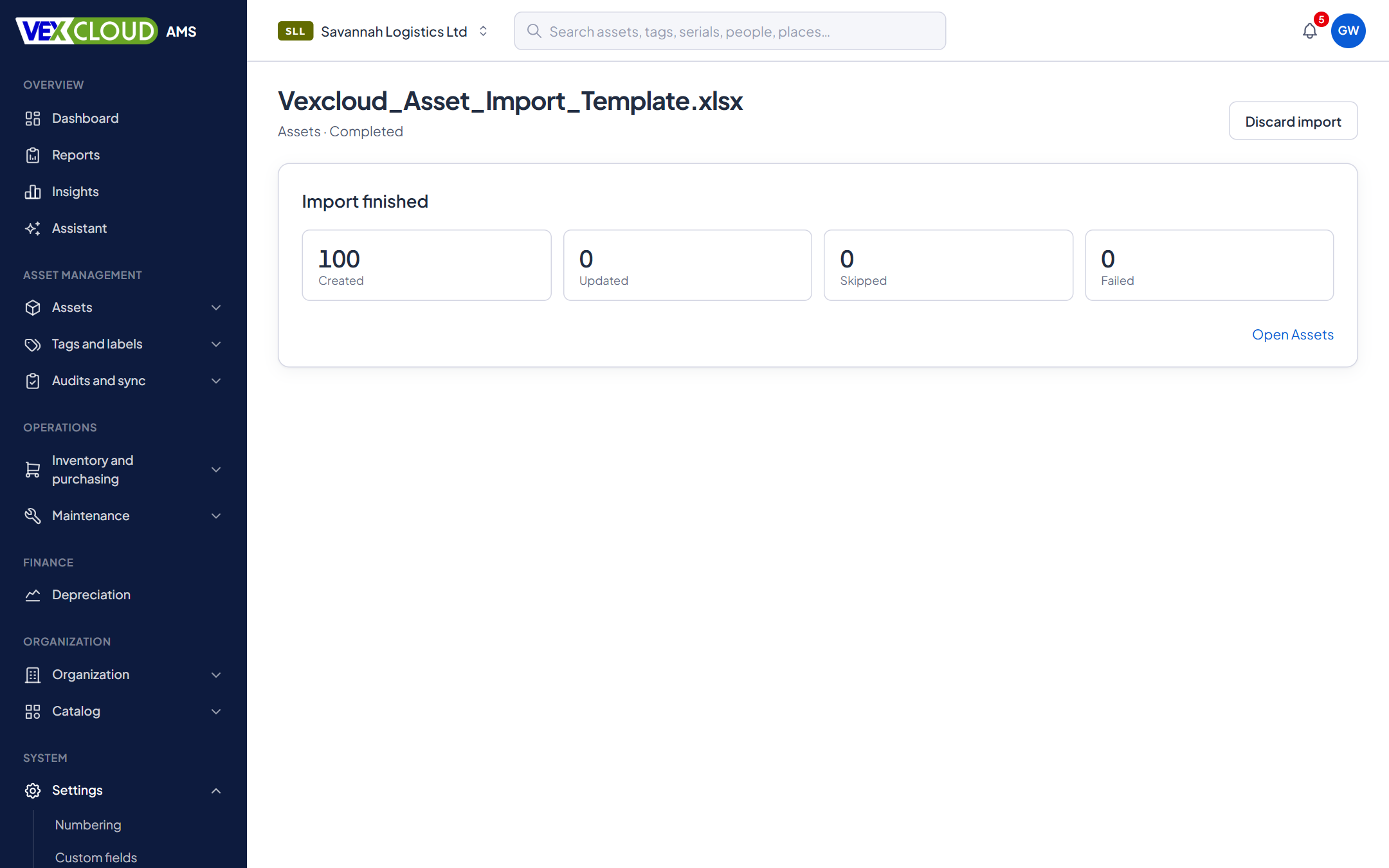 An import in VexCloud AMS, showing its status and how rows were read