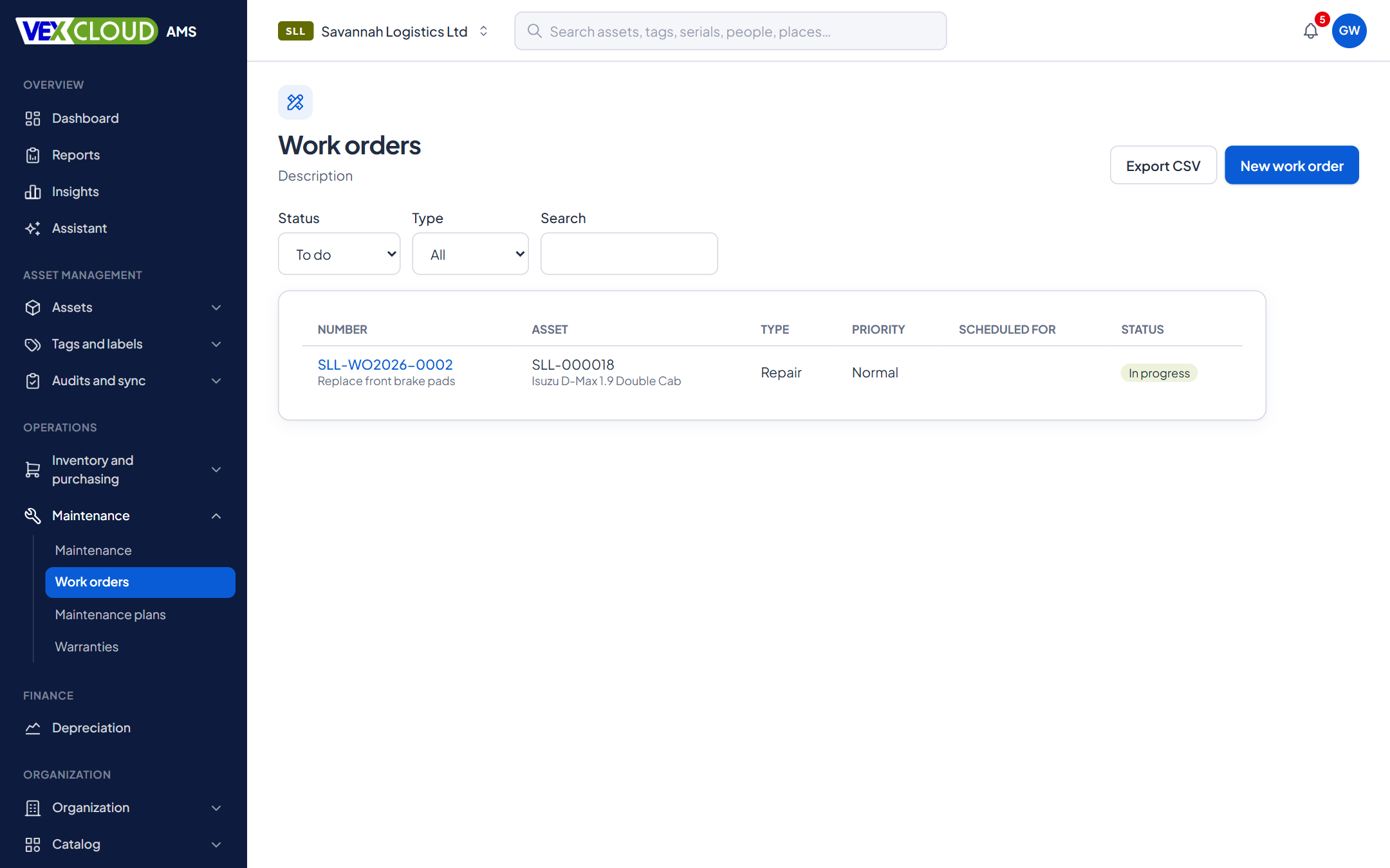 Work orders in VexCloud AMS: status, type, asset and scheduled date