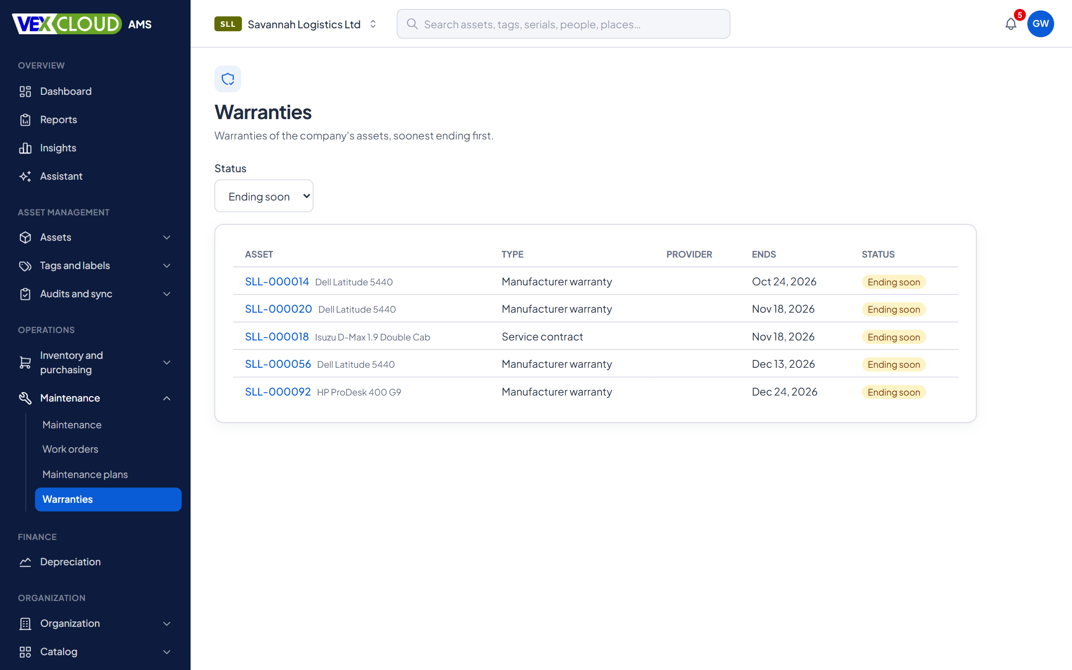 The Warranties page in VexCloud AMS, with assets ending soon listed first