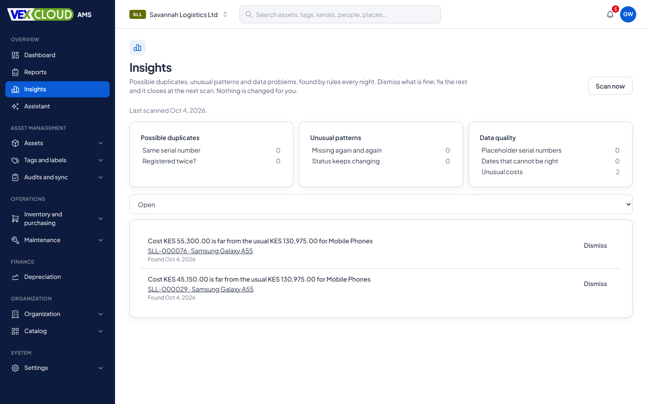 The Insights page in VexCloud AMS, listing duplicate, unusual and data-quality findings