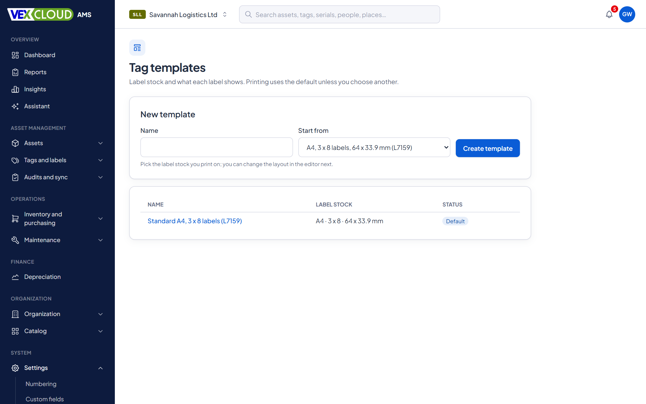 Tag templates in VexCloud AMS: choose label stock such as A4 3 by 8 labels, and name a new template