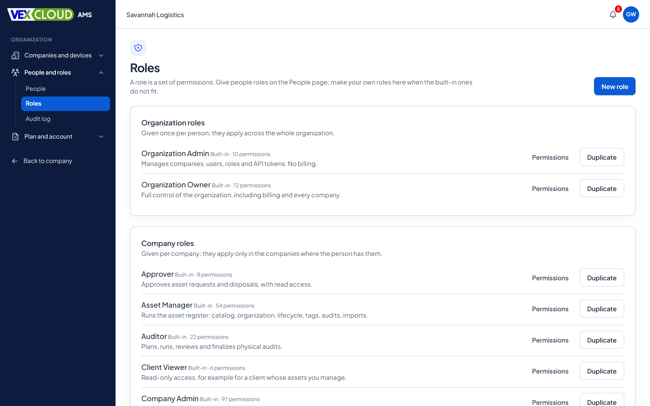 Roles and permissions in VexCloud AMS